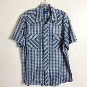 Vintage Men’s Wrangler Pearl Button Down Shirt Size L Blue White Stripped